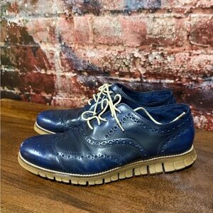 Cole Haan Zero grand Navy Leather Oxfords with Tan Soles